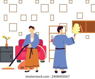 Couple cleaning their house before Lunar New Moon concept, diligently tidies up their home in preparation vector design, Chinese New Years Eve symbol, Year of the Dragon sign, China Spring Festival 
