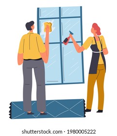 Couple cleaning and tidying home, male and female characters wiping window glass with detergents and special supplies. Cleanup and housekeeping of apartment or house. Vector in flat style illustration