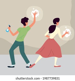 couple cleaning together with wipe