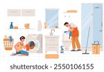 Couple cleaning the toilet and doing laundry in the bathroom flat vector illustration. Man and a woman doing house chores together.