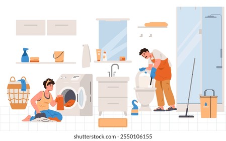 Couple cleaning the toilet and doing laundry in the bathroom flat vector illustration. Man and a woman doing house chores together.