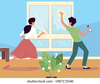 ventana de limpieza de pareja con pulverización y tela
