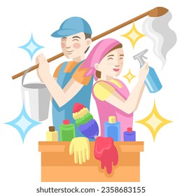 Couple of cleaning workers with box of cleaning products and instruments for mopping and cleanup - vector image