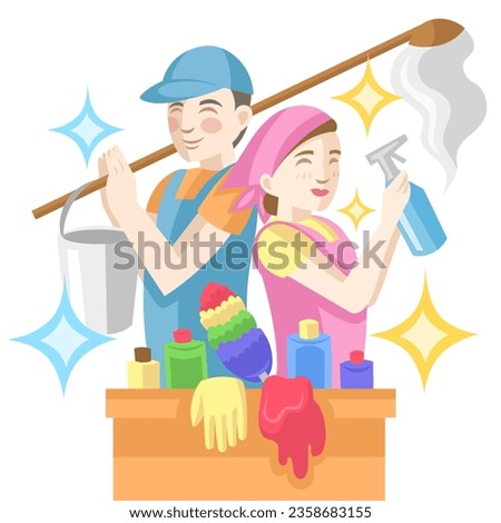 Couple of cleaning workers with box of cleaning products and instruments for mopping and cleanup - vector image