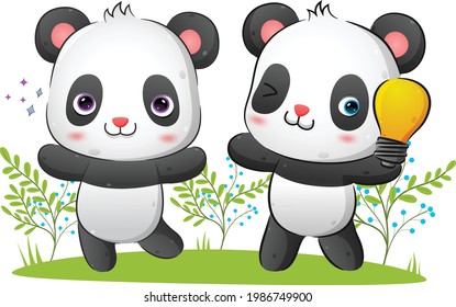 Das Paar cleverer Panda bekommt die Idee, während man die Lampe der Illustration hält