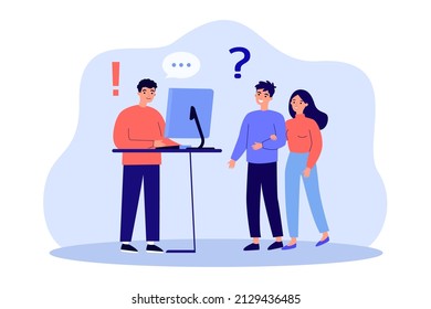 Couple of clients asking question to shop assistant. Worker with computer talking to man and woman flat vector illustration. Customer support, communication, assistance concept for banner