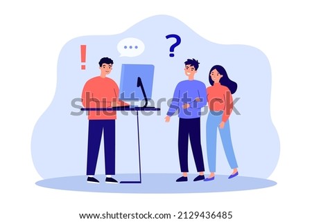 Couple of clients asking question to shop assistant. Worker with computer talking to man and woman flat vector illustration. Customer support, communication, assistance concept for banner