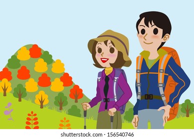 Couple Climb a mountain in fall,Waist Up