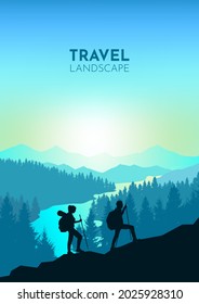 Paar Kletterer. Klettern Sie bei Morgengrauen nach oben. Reisekonzept der Entdeckung, Erkundung und Beobachtung der Natur. Wandertourismus. Abenteuer. Minimalistische Grafik-Flyer. Polygonales Flachdesign. Vektorgrafik