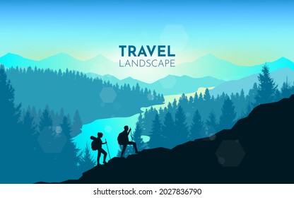 Couple climbers. Climbing to top at dawn. Travel concept of discovering, exploring and observing nature. Hiking tourism. Adventure. Minimalist graphic flyer. Polygonal flat design. Vector illustration