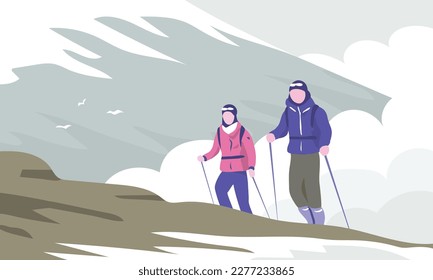 Couple climbers on the mountain. Man and woman hiker with backpacks on the background of a cloud. Cold and snow. Adventure, active sport and challenge. Vector illustration