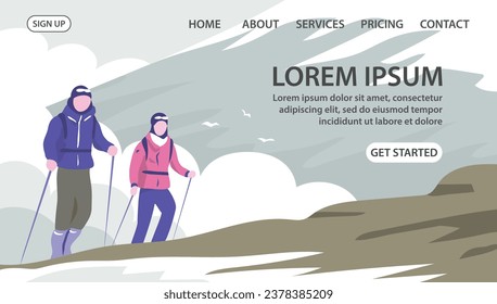 Couple climbers on the mountain. Man and woman hiker with backpacks on the background of a cloud. Cold and snow. Adventure and challenge. Vector illustration. Design for website, banner