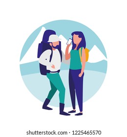 couple with climbing bag and smartphone