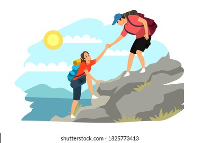 Couple climbing on mountain. Man and woman trekking in mountains, going to top, guy holding hand and helping. Tourist outdoor scene vector. Traveling together, extreme sport.