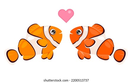 Couple clownfish with heart isolated on white. Cute cartoon vector funny sea animal. Flat icon.	