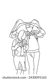 Couple with coat over head to protect from the rain
