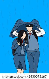 Couple with coat over head to protect from the rain