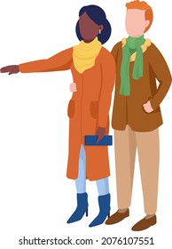 Couple in coats choosing semi flat color vector characters. Standing figures. Full body people on white. Holiday preparation isolated modern cartoon style illustration for graphic design and animation