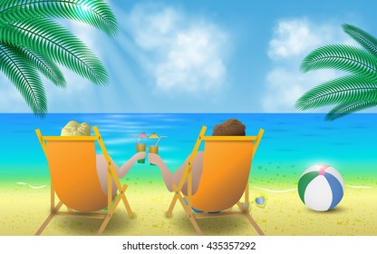 couple with cocktails on the sun loungers on the beach