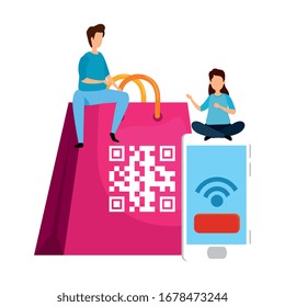 pareja con código qr en la compra de bolsos y el diseño de ilustraciones de los vectores de smartphones
