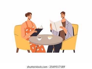 Couple with coffee cups sit at the table in restaurant. People in relationships are at romantic date. Man and woman choose eating in cafe menu. Flat isolated vector illustration on white background