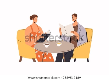Couple with coffee cups sit at the table in restaurant. People in relationships are at romantic date. Man and woman choose eating in cafe menu. Flat isolated vector illustration on white background