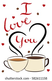 A couple of coffee cups with sream in a shape of heart on coffee