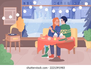 Couple in coffee shop flat color vector illustration. Xmas holiday. Date with hot drinks. Winter season. Fully editable 2D simple cartoon characters with festive Christmas atmosphere on background