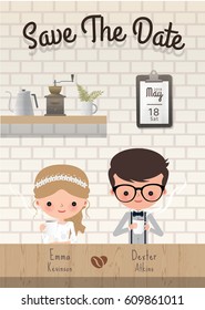 Couple coffee wedding save the date invitation card, romantic date at cafe