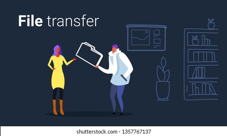couple colleagues private data sharing casual man giving confidential documents folder to woman file transfer concept office interior sketch doodle horizontal