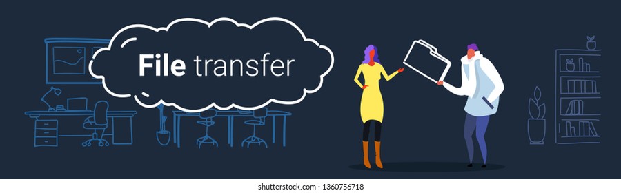 couple colleagues private data sharing casual man giving confidential documents folder to woman file transfer concept office interior sketch doodle horizontal banner