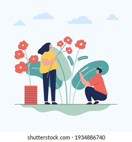 Couple collecting flowers web template, cartoon style Screen web template for mobile phone, landing page, template, UI, web, mobile app, poster, banner, flat Vector illustration