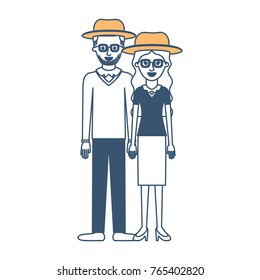 couple in color sections silhouette and both with hat and glasses and him with stubble beard and sweater and pants and shoes and her with blouse and skirt and heel shoes with long wavy hair
