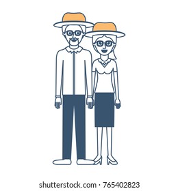couple in color sections silhouette and both with hat and glasses and him with goatee beard and shirt and pants and shoes and her with blouse and skirt and heel shoes with ponytail hairstyle
