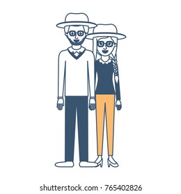 couple in color sections silhouette and both with hat and glasses and pants and him with stubble beard and sweater and shoes and her with blouse long sleeve and heel shoes and braid and fringe hair