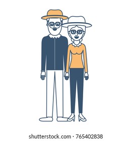 couple in color sections silhouette and both with hat and glasses and him with beard and shirt and pants and shoes and her with blouse long sleeve and pants and heel shoes with collected hair
