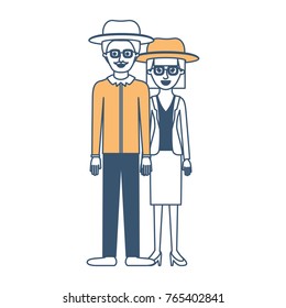 couple in color sections silhouette and both with hat and glasses and him with moustache and shirt and pants and shoes and her with blouse and jacket and skirt and heel shoes with mushroom hairstyle