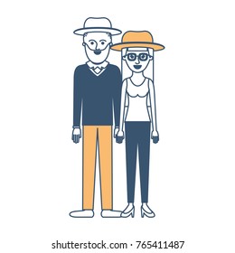 couple in color sections silhouette and both with hat and him with beard and sweater and pants and shoes and her with glasses t-shirt sleeveless and pants and heel shoes with long straight hair