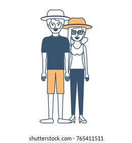 couple in color sections silhouette and both with hat and him with beard with t-shirt and short pants and shoes and her with glasses t-shirt sleeveless and pants and heel shoes with collected hair and