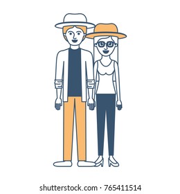 couple in color sections silhouette and both with hat and pants and him with shirt and jacket and pants and shoes and her with blouse and heel shoes with long straight hair