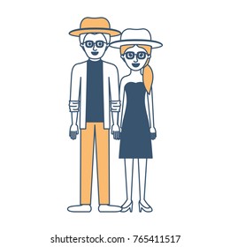 couple in color sections silhouette and both with hat and glasses and him with shirt and jacket and pants and shoes and her with strapless dress and heel shoes with pigtail hairstyle