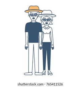 couple in color sections silhouette and both with hat and glasses and pants and him with t-shirt and shoes and her with blouse and heel shoes with short wavy hair