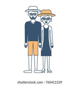 couple in color sections silhouette and both with hat and glasses and him with stubble beard and sweater and short pants and shoes and her with jacket and dress and heel shoes with short hai