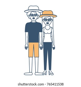 couple in color sections silhouette and both with hat and glasses and him with shirt and short pants and shoes and curly hair and her with blouse and pants and heel shoes with long straight hair