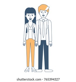 couple in color sections silhouette and her with blouse and jacket and pants and heel shoes with straight long hair and him with suit and tie and pants and shoes with short hair