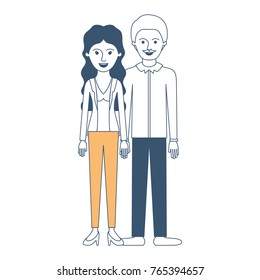 couple in color sections silhouette and her with blouse and jacket and pants and heel shoes with wavy long hair and him with shirt and pants and shoes with short hair and moustache
