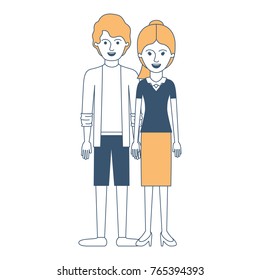 couple in color sections silhouette and him with shirt and jacket and short pants and shoes with short wavy hair and her with blouse and skirt and heel shoes with ponytail hair