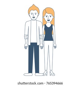 couple in color sections silhouette and him with shirt and jacket and pants and shoes with short hair and her with t-shirt sleeveless and pants and heel shoes with long straight hair