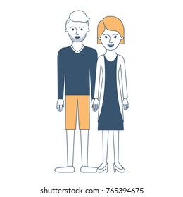 couple in color sections silhouette and him with t-shirt long sleeve and short pants and shoes with high fade haircut and stubble beard and her with blouse and jacket and skirt and heel shoes with