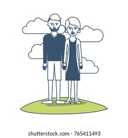 couple in color sections silhouette scene outdoor and him with t-shirt long sleeve and short pants and shoes with high fade haircut and stubble beard and her with blouse and jacket and skirt and heel